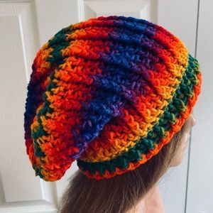 Crochet Winter Hat Slouchy Beanie Pride Rainbow Boho Hippie Unique Handmade
